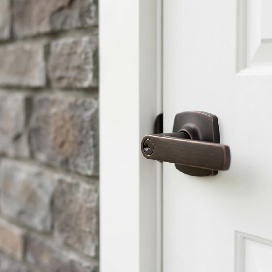 Modern door hardware in a traditional bronze finish for style blending.