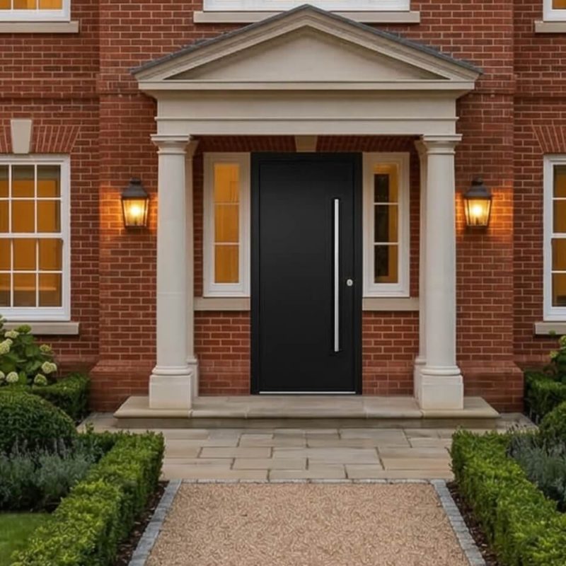 A matte black modern door installed on a traditional red brick Georgian home.