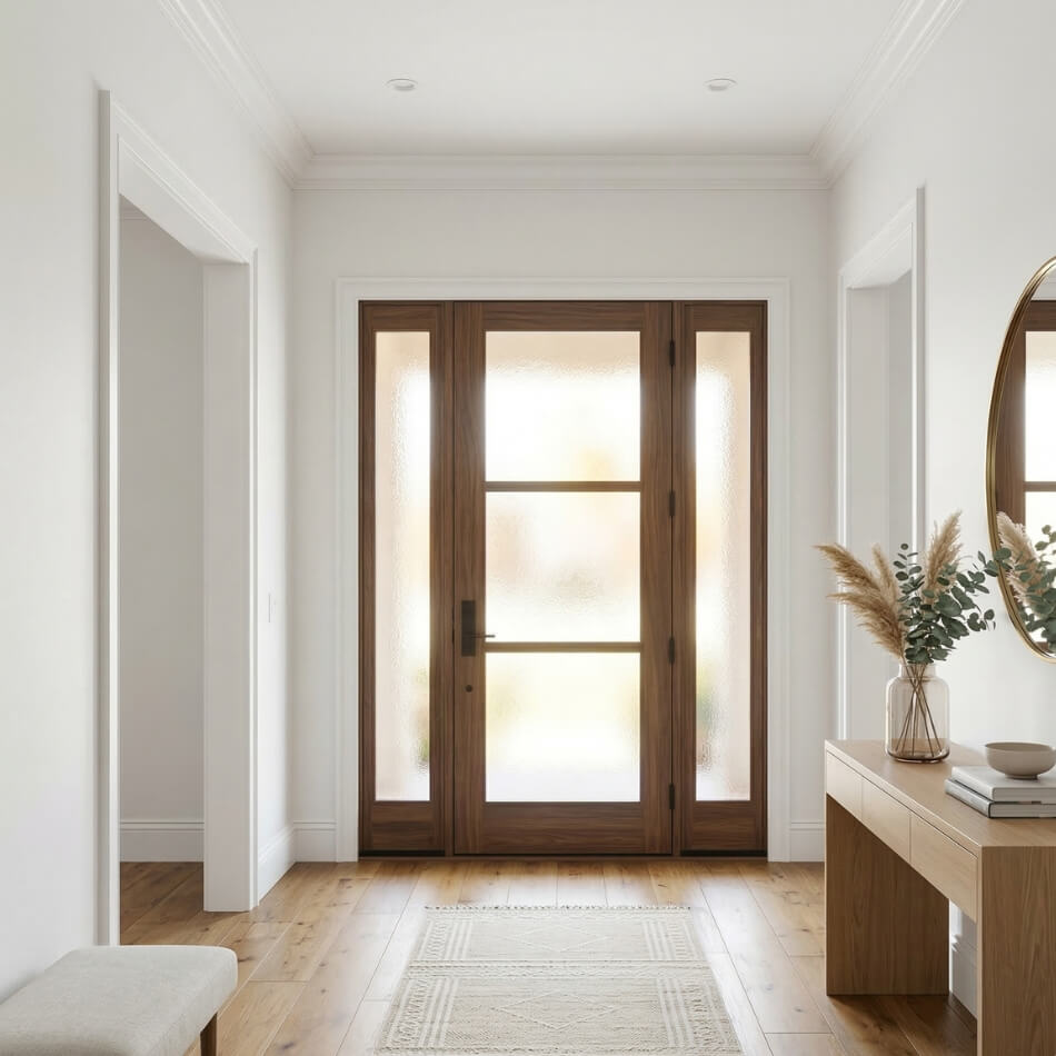 Interior view of a modern door with privacy glass in a traditional foyer.