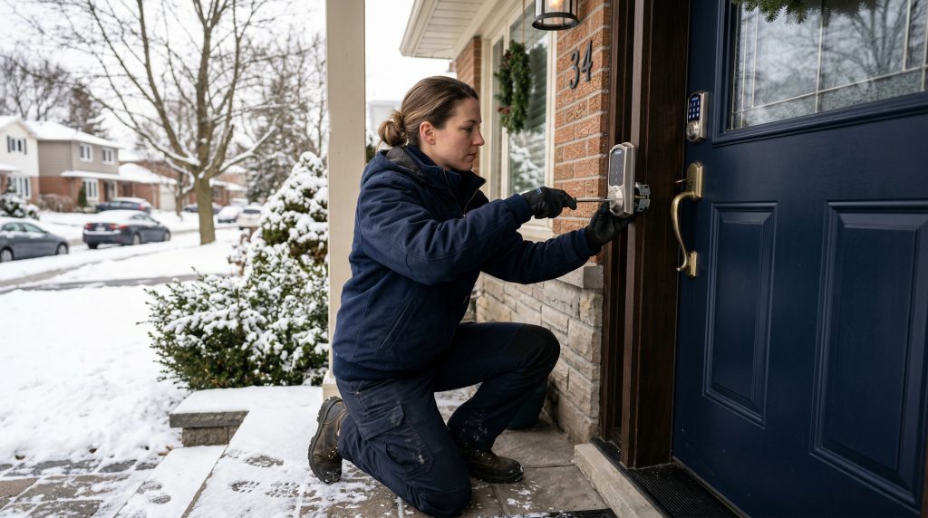 Locksmith installing a brushed nickel smart deadbolt onto a navy fiberglass entry door of a Toronto home in winter