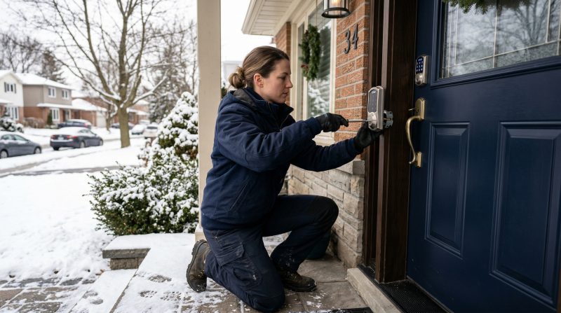 Locksmith installing a brushed nickel smart deadbolt onto a navy fiberglass entry door of a Toronto home in winter