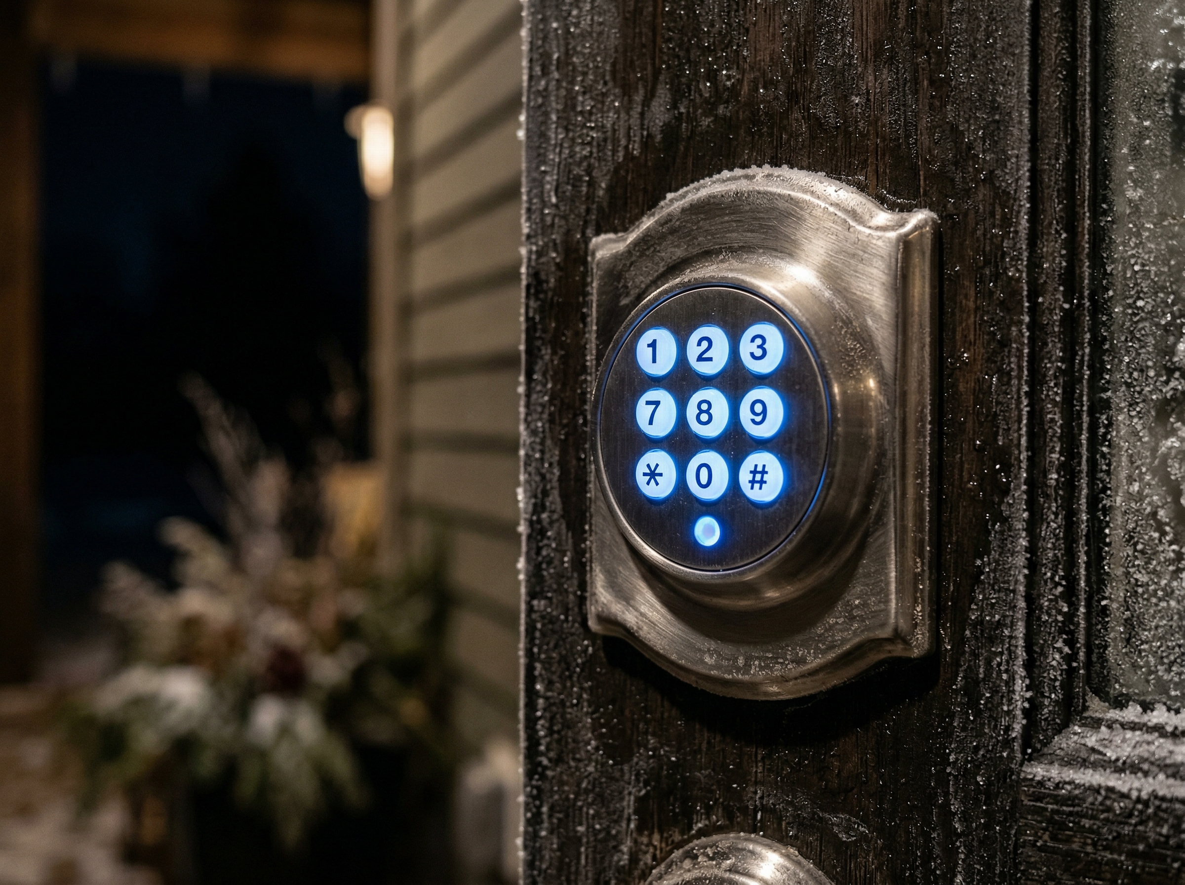 Close-up of a brushed nickel smart deadbolt keypad with glowing blue numbers on a frosted entry door at night
