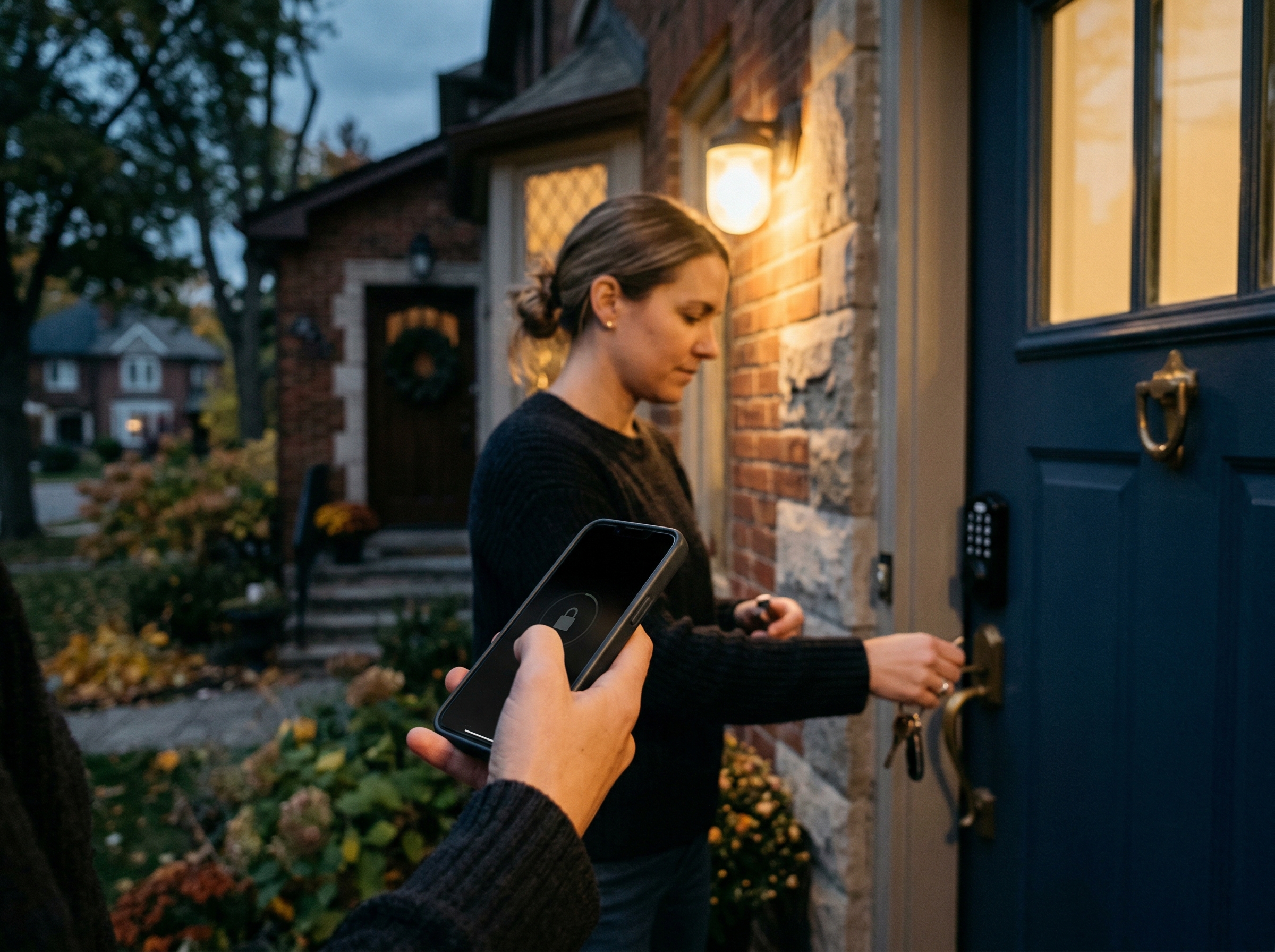 Homeowner using a phone app to unlock a navy front door at dusk in a Toronto suburb