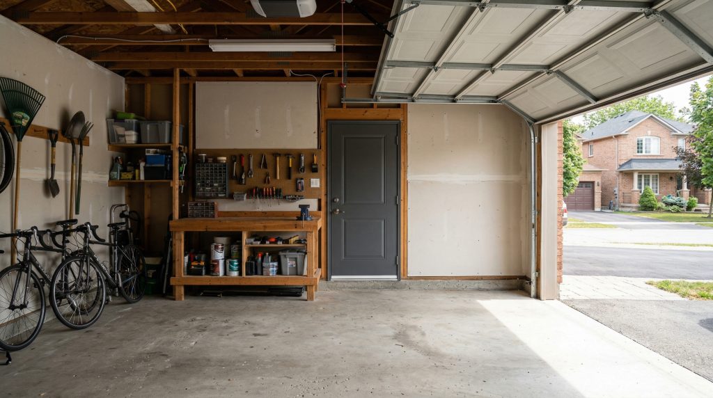 Toronto attached garage interior showing the steel fire-rated entry door from the garage into the house