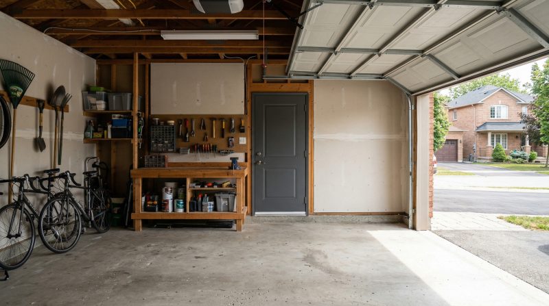 Toronto attached garage interior showing the steel fire-rated entry door from the garage into the house