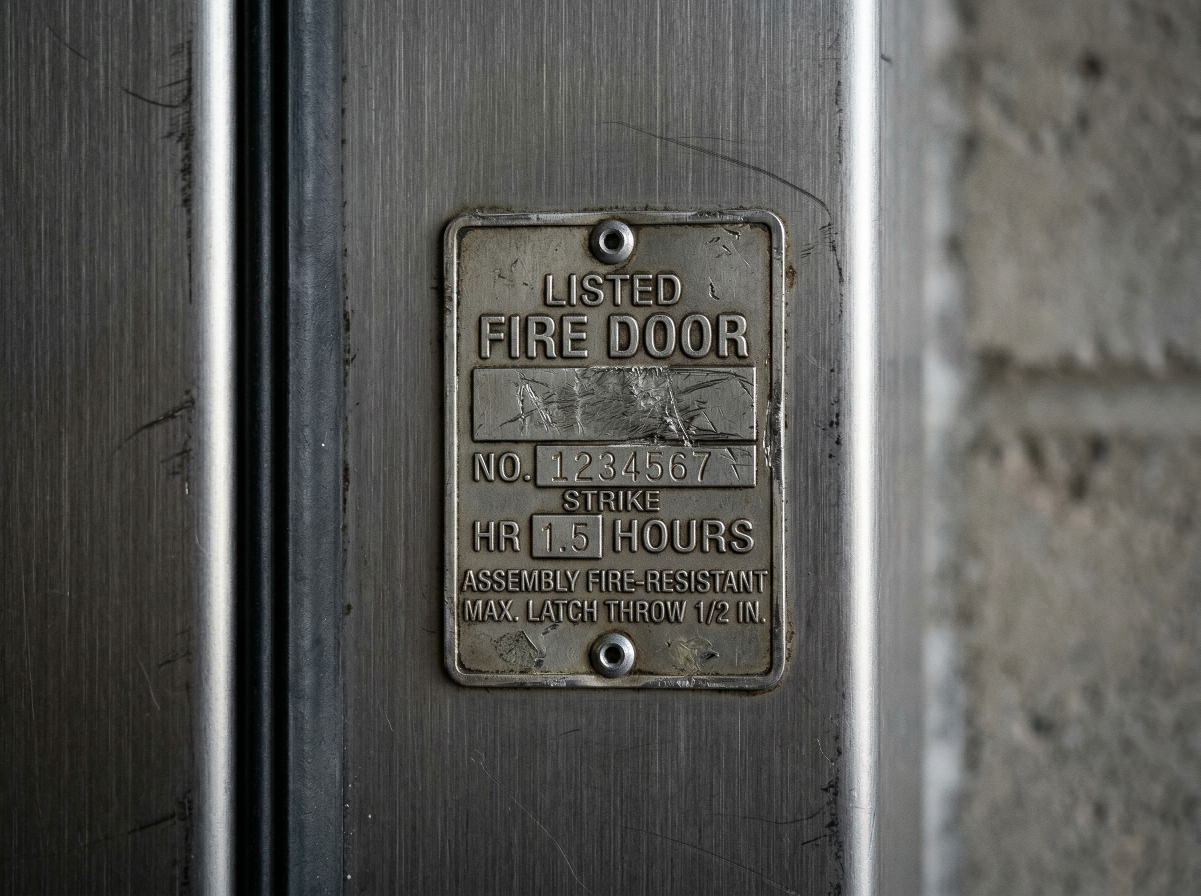 Close-up of the metal certification label on the hinge edge of a fire-rated steel garage entry door