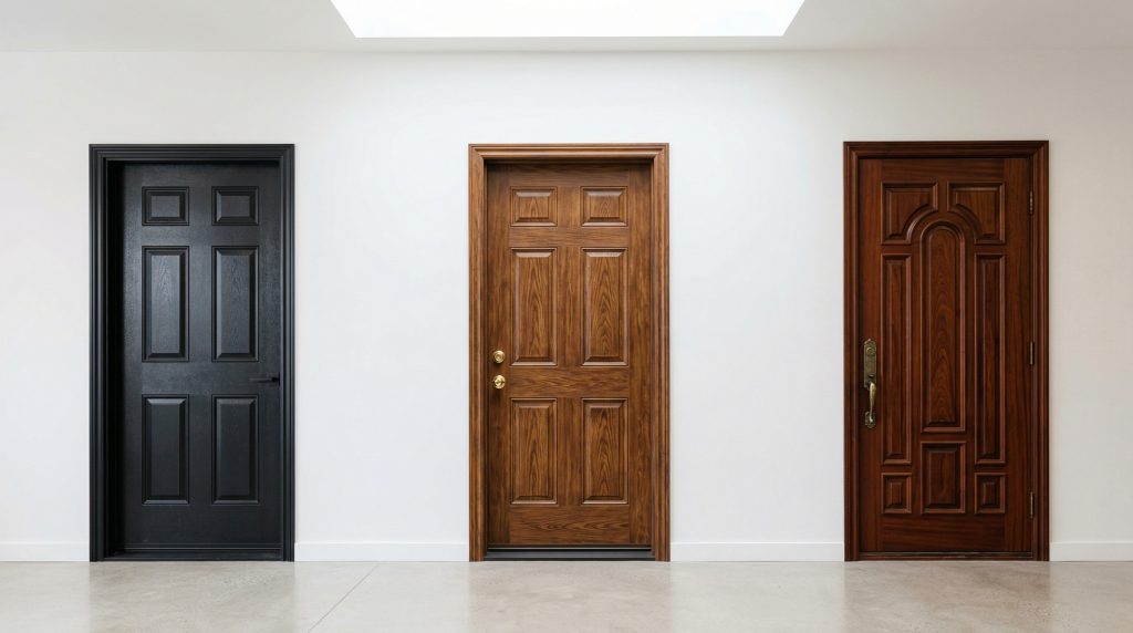 Three entry doors compared side by side: black steel, stained fiberglass, and carved mahogany wood, in a Toronto showroom