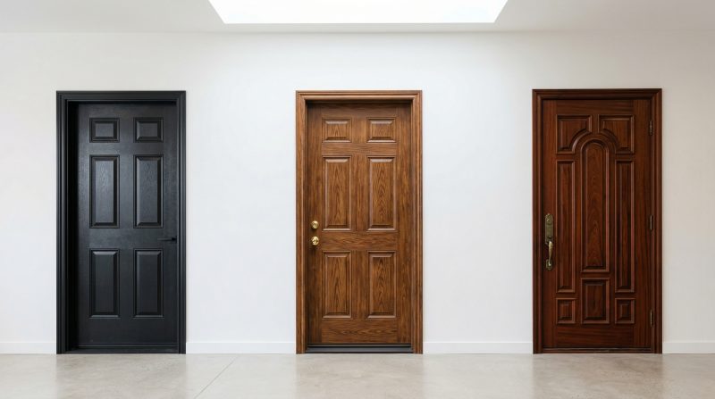 Three entry doors compared side by side: black steel, stained fiberglass, and carved mahogany wood, in a Toronto showroom