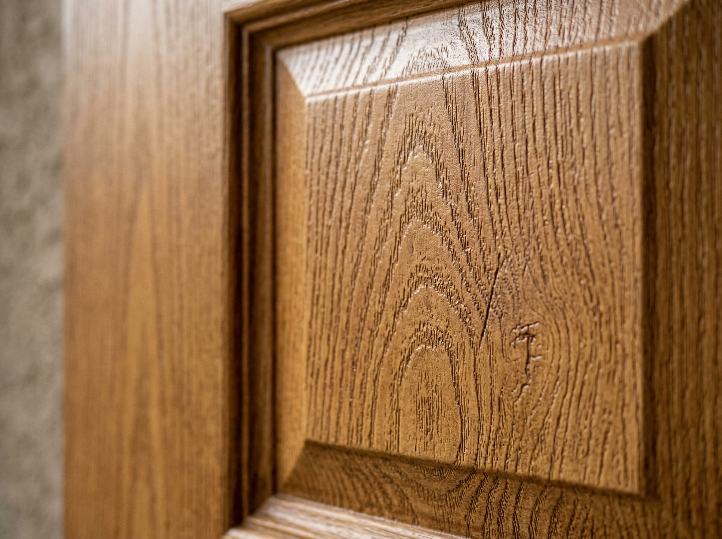 Macro close-up of the molded woodgrain texture on a stained fiberglass entry door