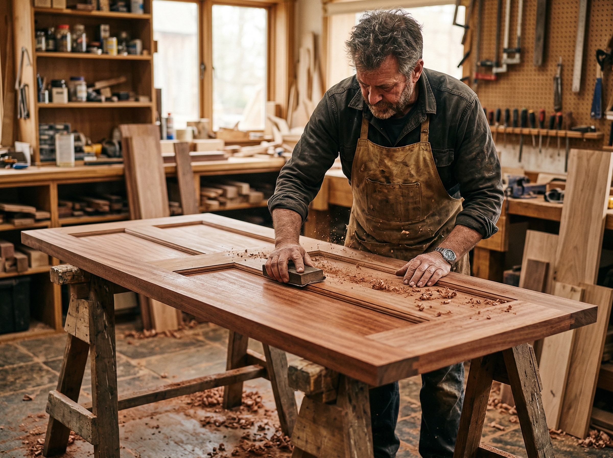 Craftsman sanding a solid mahogany entry door on sawhorses in a Toronto workshop