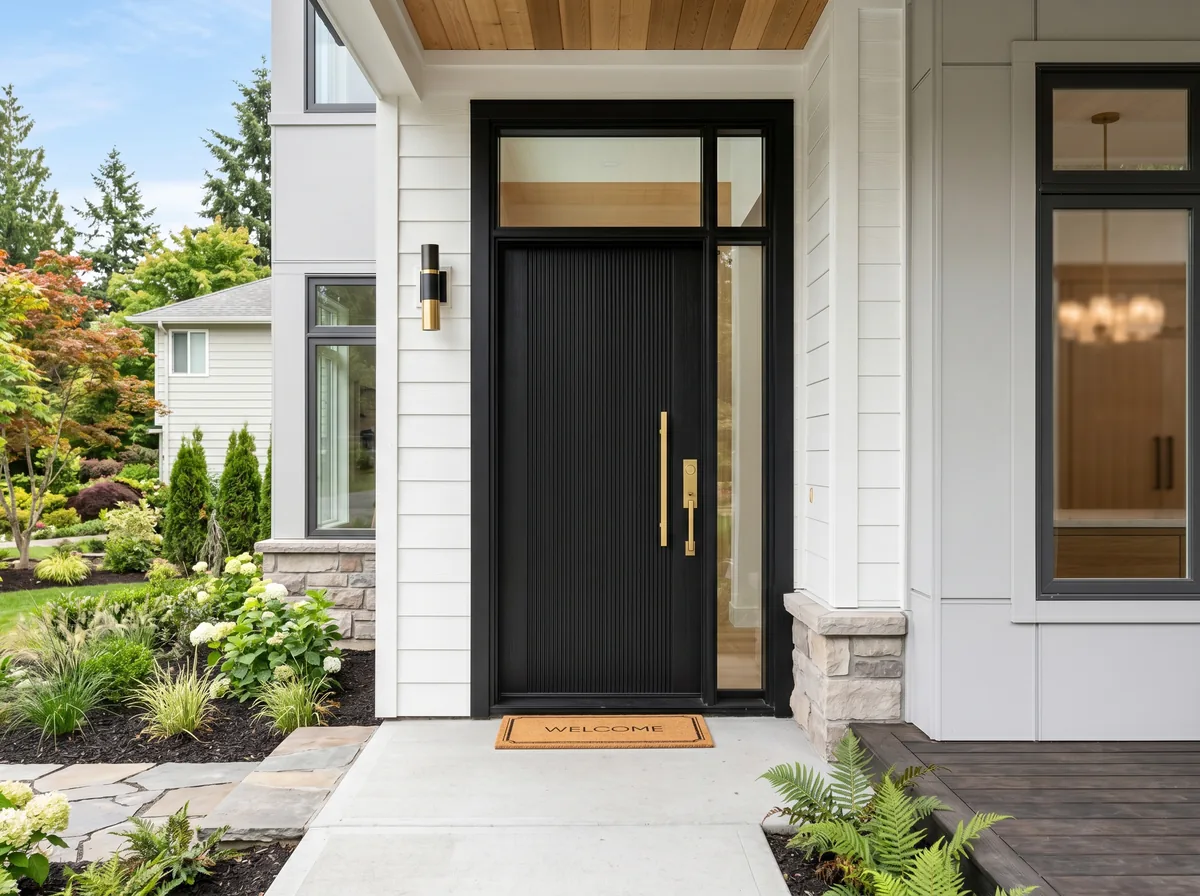 Side-by-side comparison of matte black, satin black, and gloss black exterior door finishes