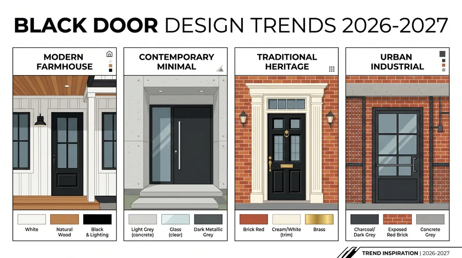 Black exterior door design trends infographic showing popular hardware and glass combinations