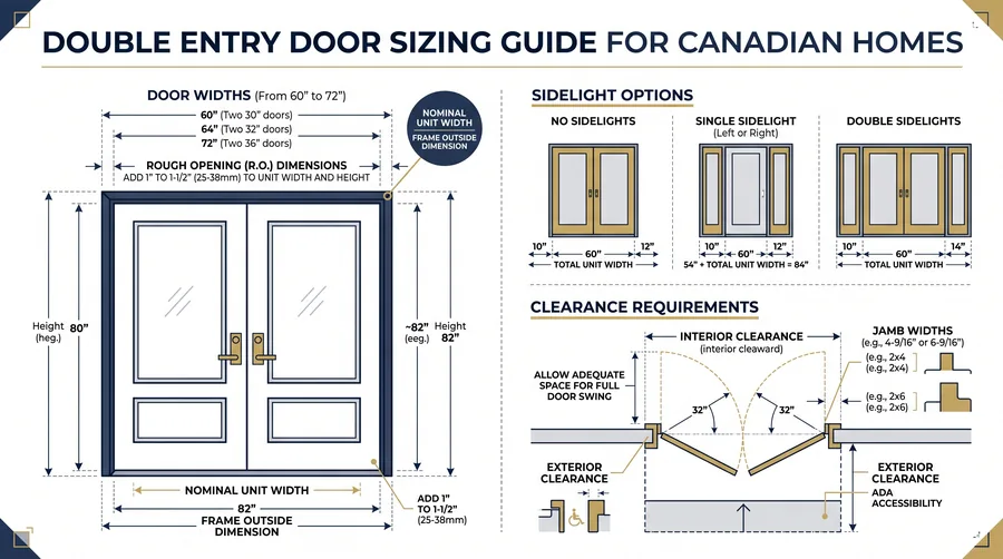 Double entry door sizing guide infographic showing standard widths and heights for Toronto homes