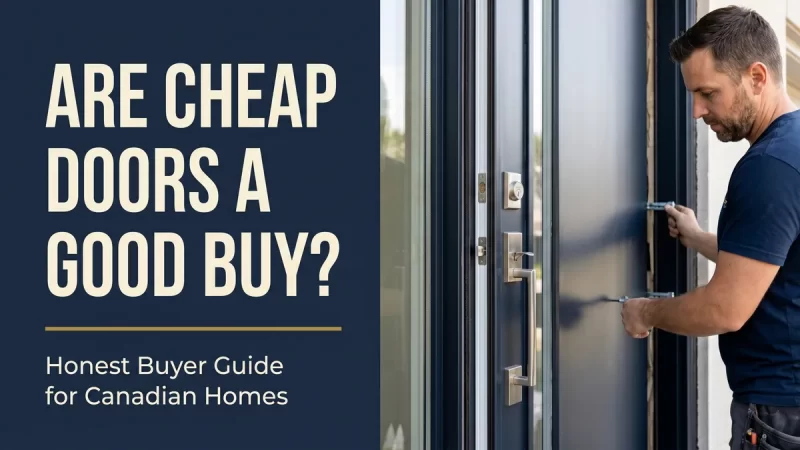 Are cheap exterior doors a good buy banner with installer working on a modern entry door