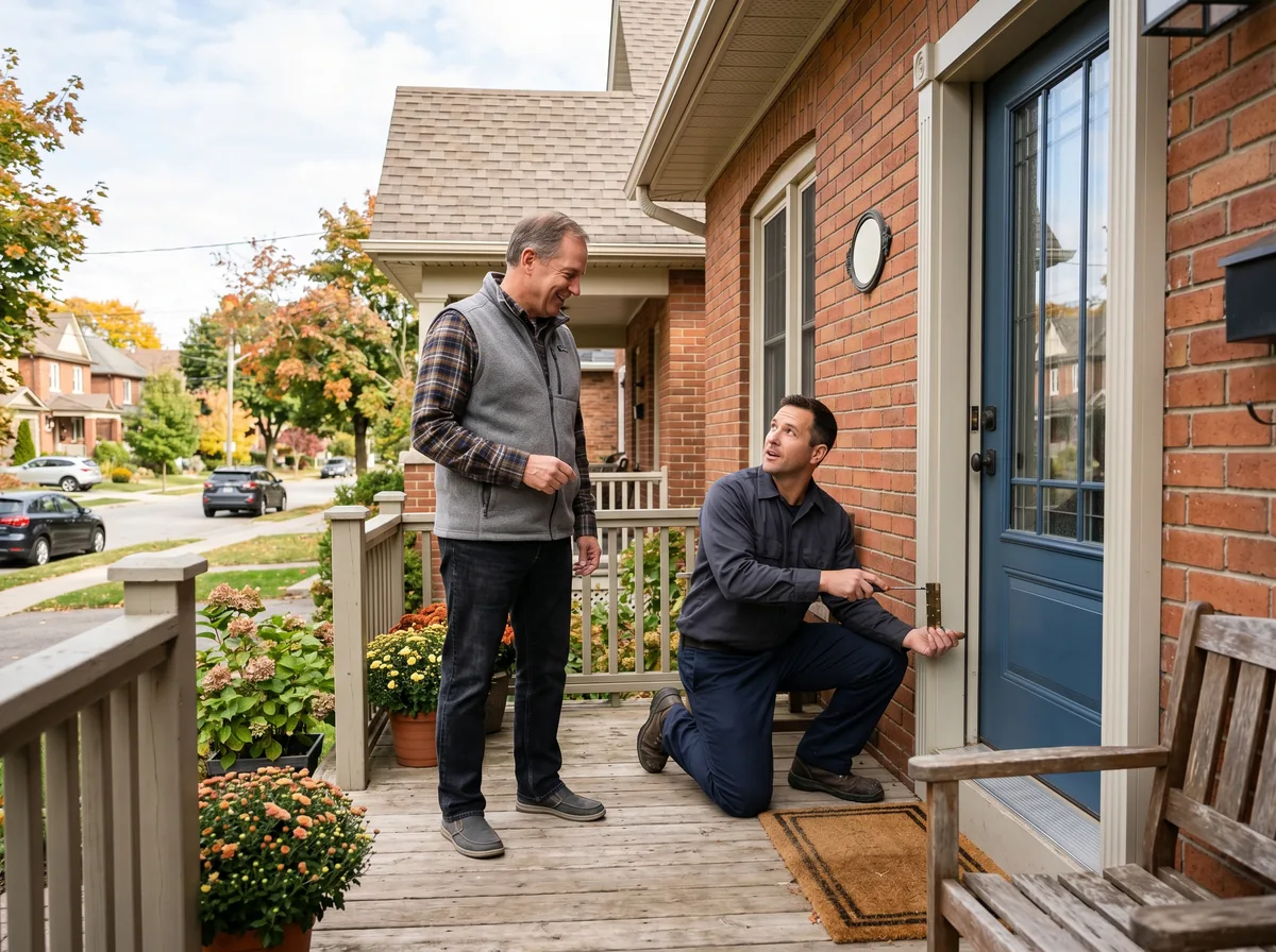 Door installer inspecting the lower hinge of an exterior door during a homeowner consultation about cheap exterior doors