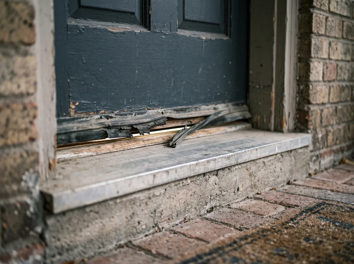 Worn weatherstripping and threshold sweep on a builder grade exterior door showing where cheap exterior doors fail at the seal