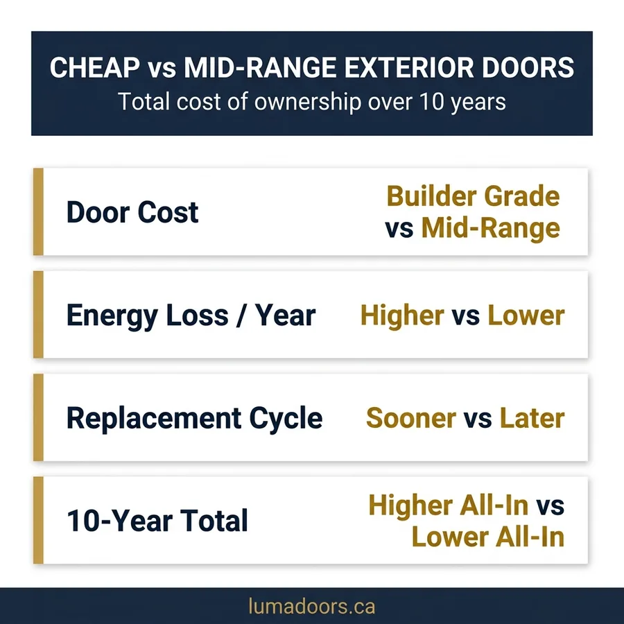 Cheap vs mid-range exterior doors total cost of ownership comparison over 10 years for Canadian homes