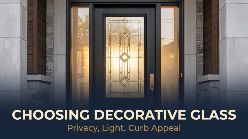 Choosing decorative glass for front door banner showing a leaded glass insert with brass caming on a modern entry door