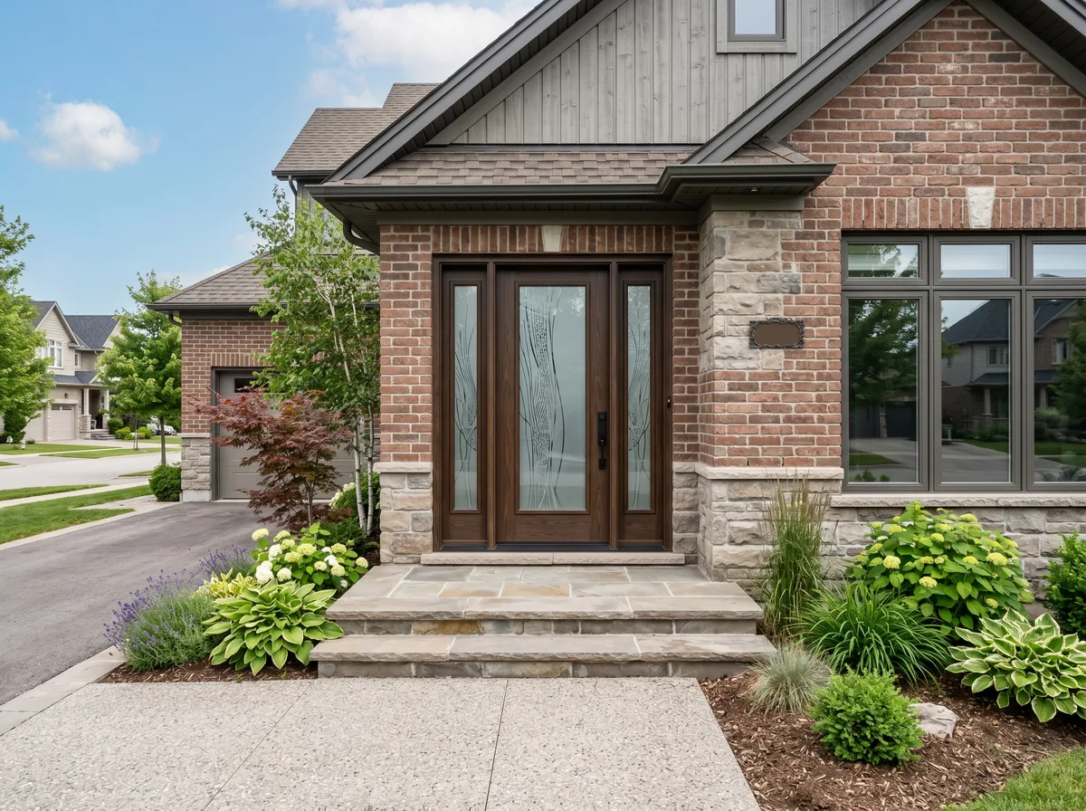 Decorative glass for front door frosted privacy insert with matching sidelite glass on a Canadian home exterior
