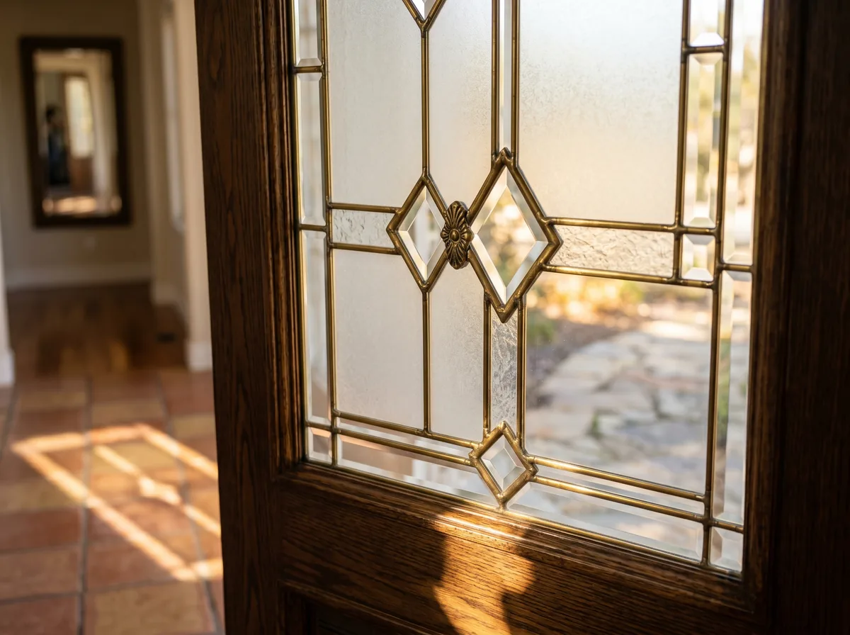Decorative glass for front door close-up of a leaded geometric insert with brass caming on a Canadian residential entry