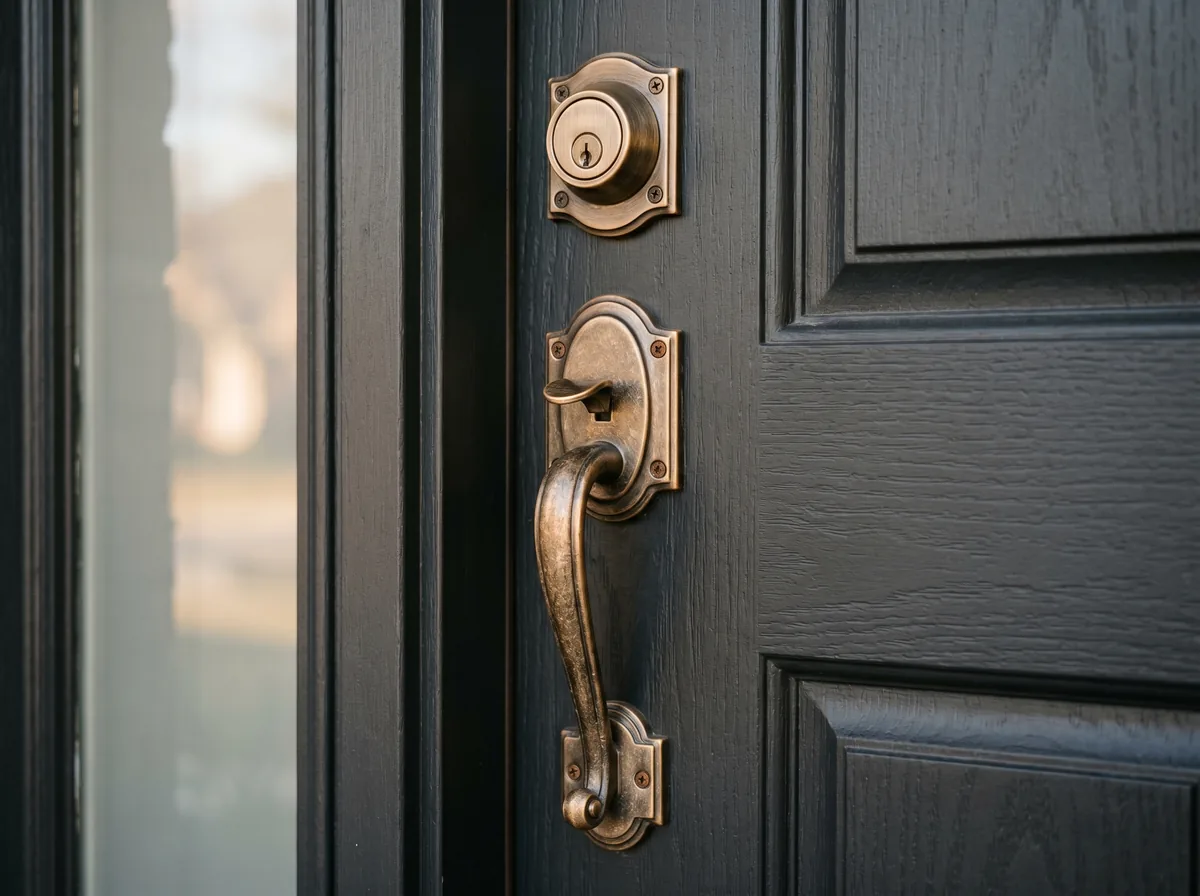 A decorative brushed bronze front door handleset with a grip handle and matching deadbolt on a modern entry door