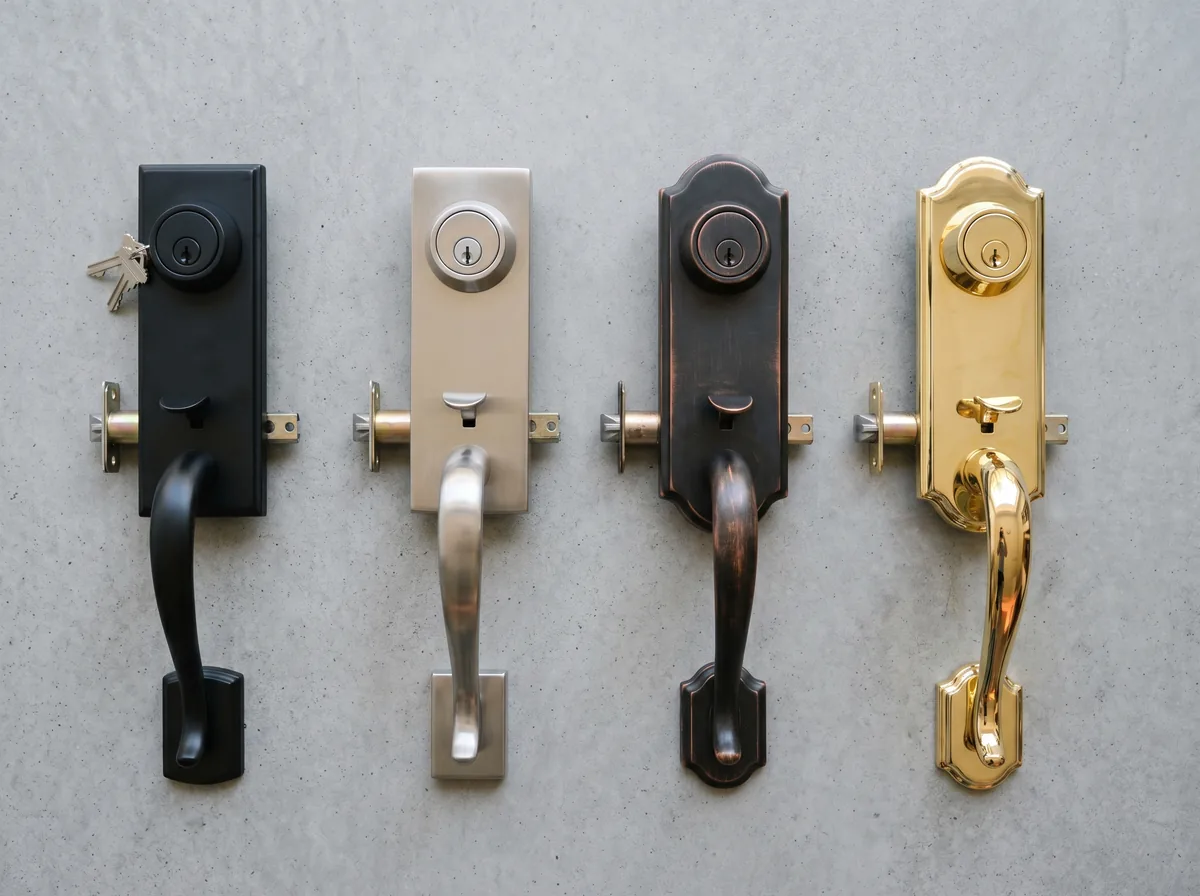 Several front door handle finishes laid out side by side, including matte black, satin nickel, and brass