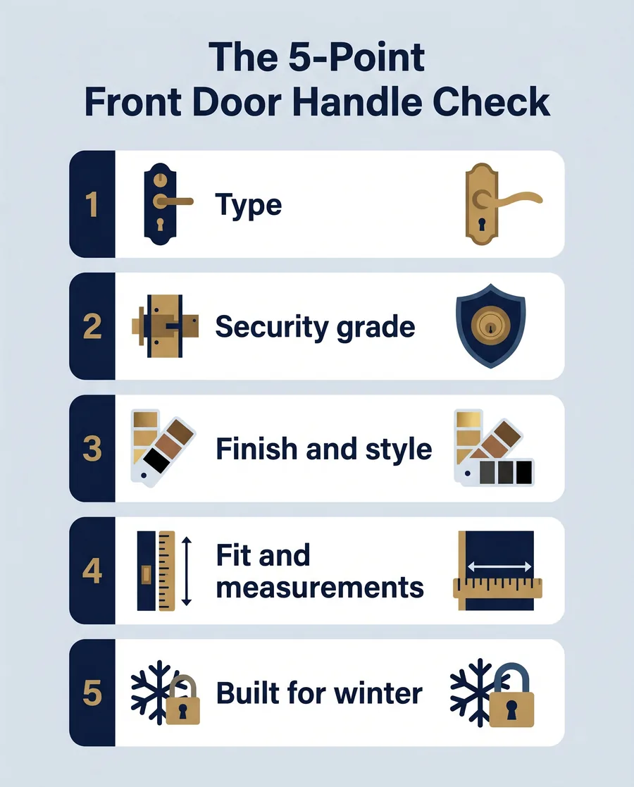 Infographic of the five-point front door handle buying checklist: type, security, finish, fit, and climate