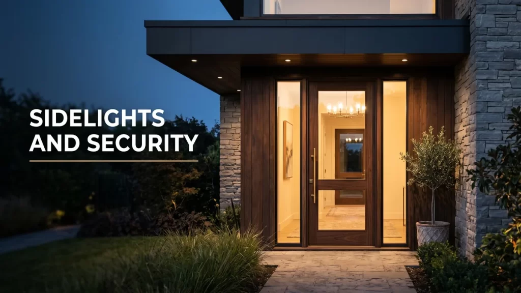 Sidelights and security, a front entry door flanked by two tall glass sidelight panels at dusk