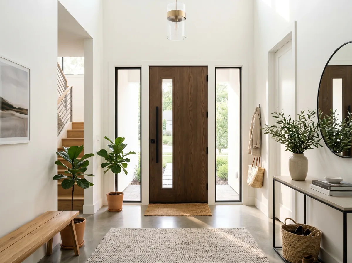 A front entry door flanked by two tall glass sidelight panels letting natural light into a bright foyer