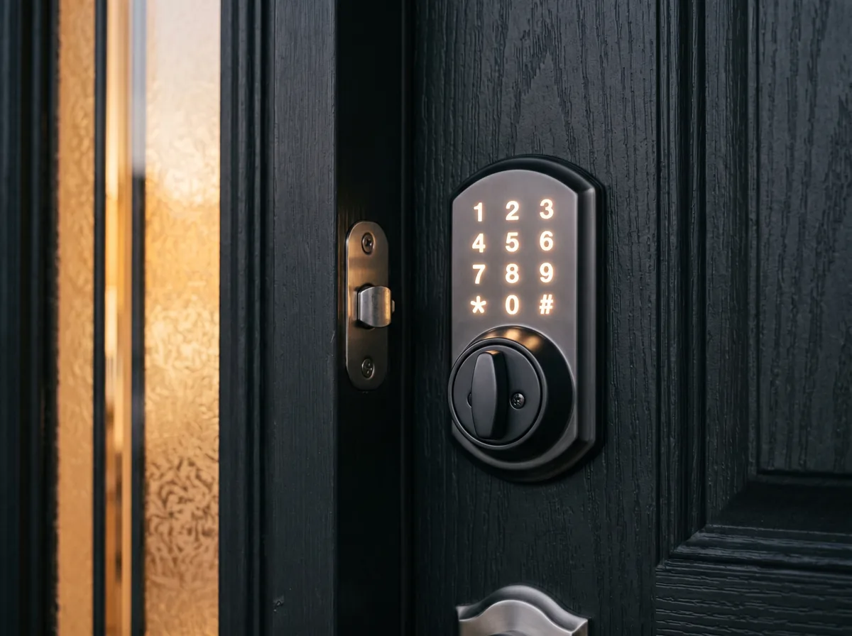 Close-up of a keyless smart deadbolt with a keypad mounted on a front door beside a glass sidelight panel