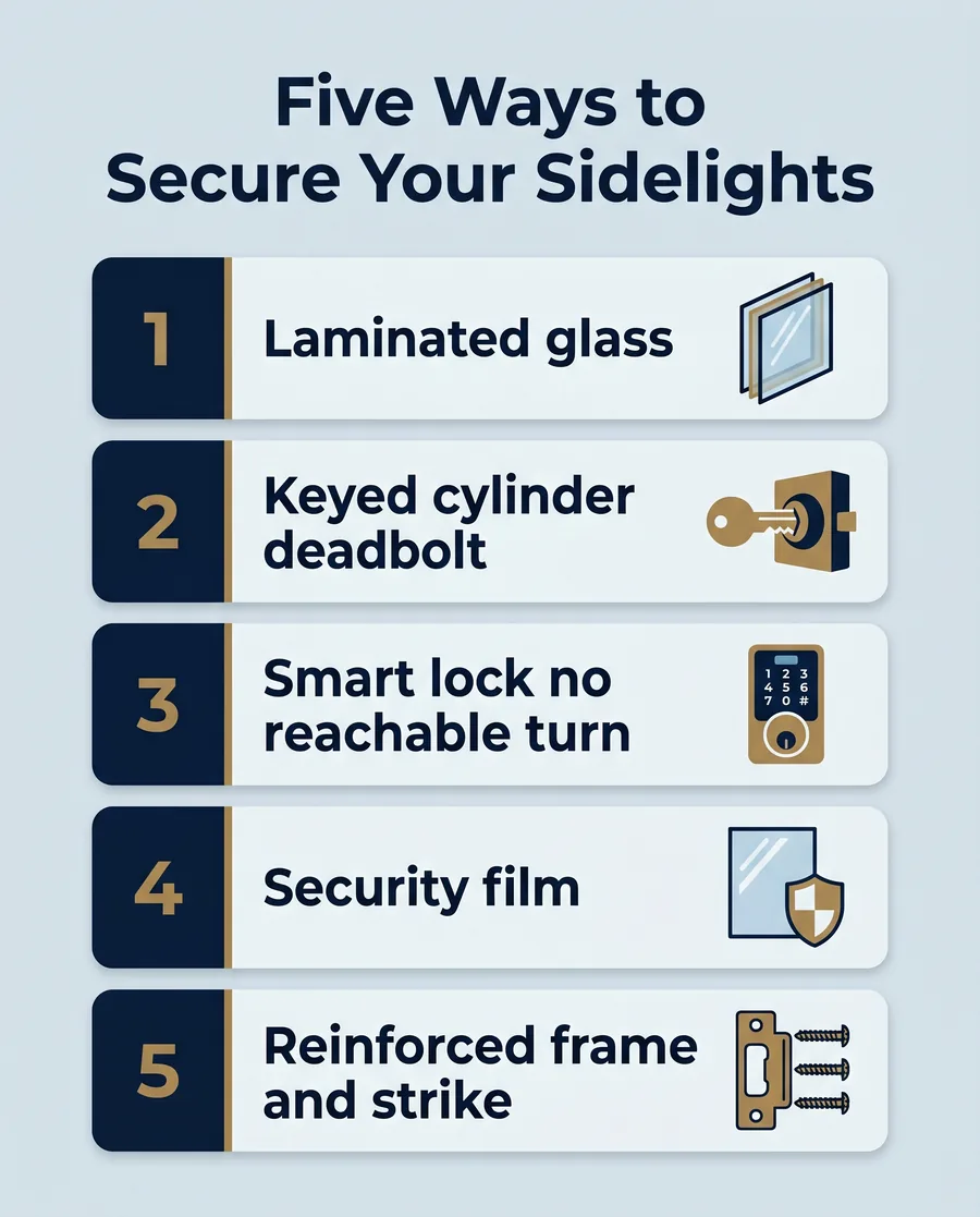Infographic listing five ways to make front door sidelights more secure: laminated glass, keyed cylinder, smart lock, security film, and reinforced frame