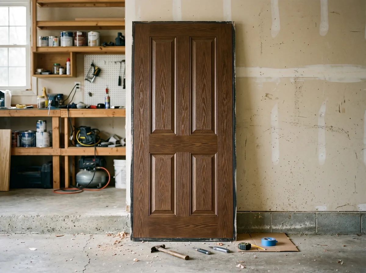 An exterior door slab leaning against a wall before installation, showing the bare panel without a frame