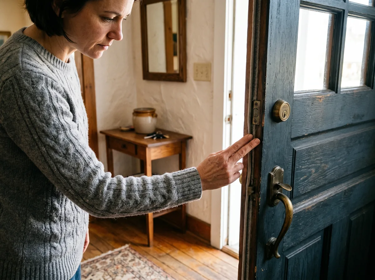A homeowner checking the edge of a closed exterior door for drafts and gaps