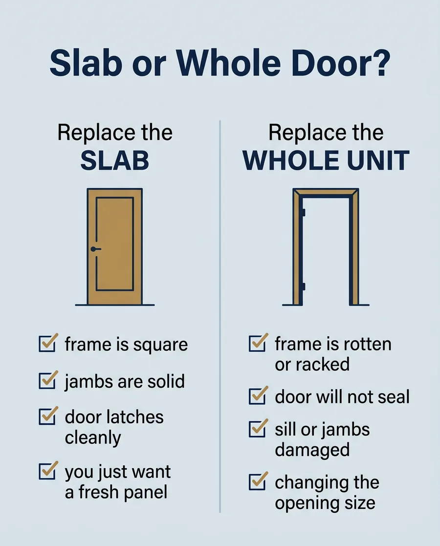 Infographic comparing a door slab swap versus a full pre-hung door replacement decision